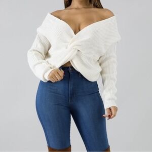 Love by J Reversible Twist Sweater XL Off Shoulder V-Neck Cozy Chic Winter White